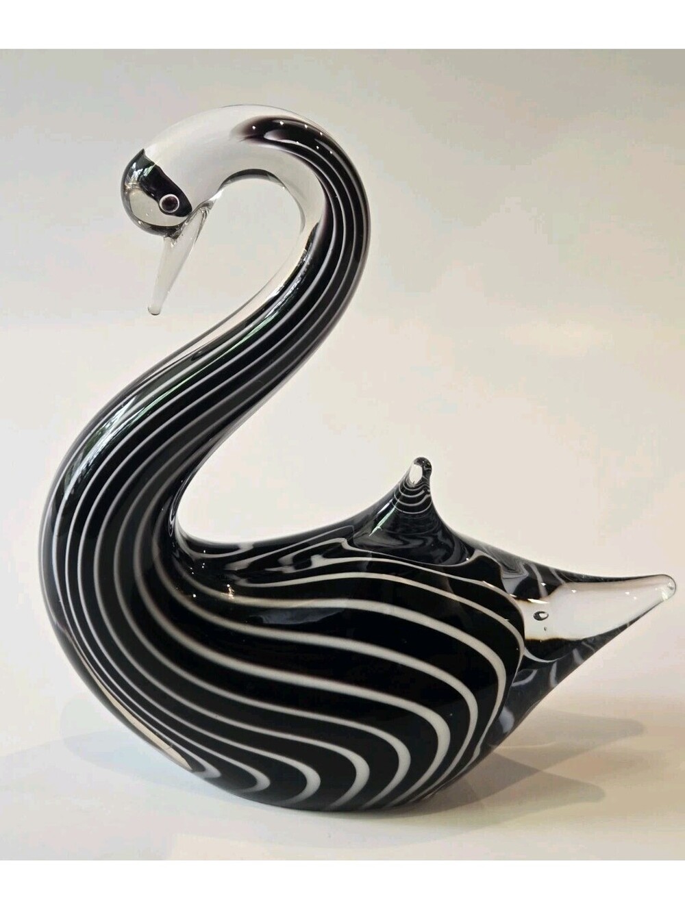 VTG Art Glass BLACK SWAN Hand Blown Enesco Figurine Paperweight Swirl Stripe